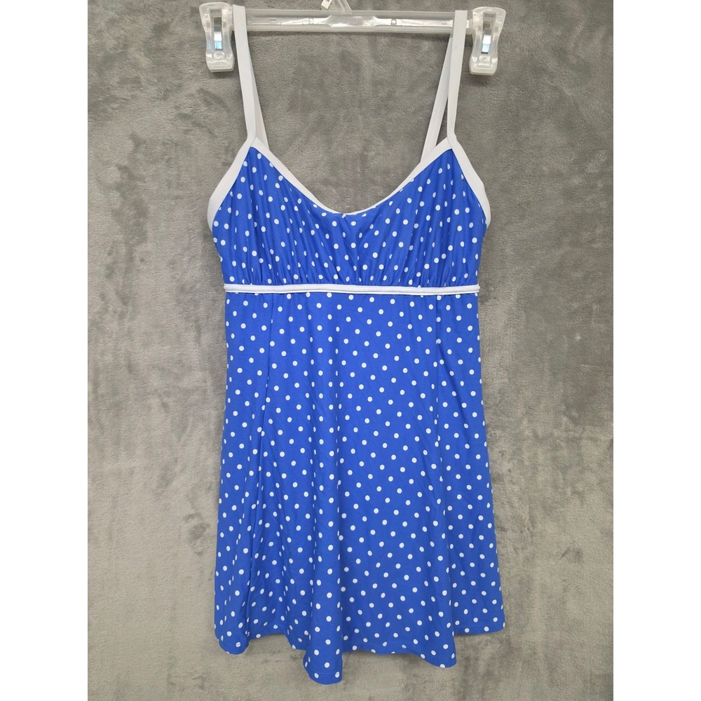 Beach House Blue White Polka Dot Swim Dress One Piece Size 12 Modest Swimsuit